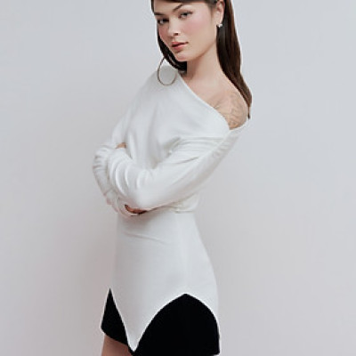 DOTTIE - Áo dài tay lệch vai - Trắng - T1055