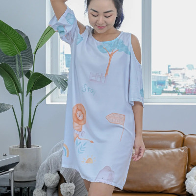 Đầm mặc nhà khoét vai LMcation Tencel - Xanh ngọc hoa văn