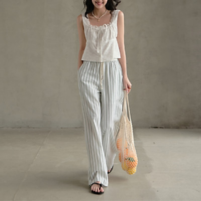 Quần ống rộng kẻ sọc nữ dễ phối đồ thích hợp đi biển Kony Miều Est.2013
