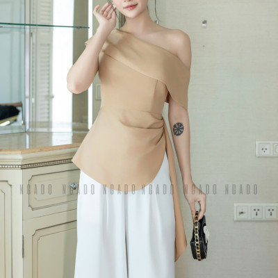 Set áo quần nude trắng lệch vai NGADO , set áo quần dài