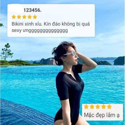 Bikini Đồ bơi nữ có tay khóa kéo màu ĐEN FORM SHORT sành điệu kín đáo co dãn thoải mái