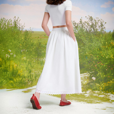 DOTTIE - Chân váy dài rút nhún phối đăng ten - Trắng - S0202