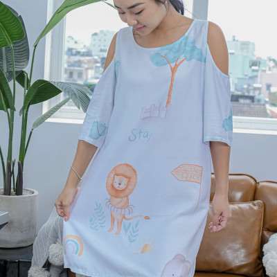 Đầm mặc nhà khoét vai LMcation Tencel - Xanh ngọc hoa văn