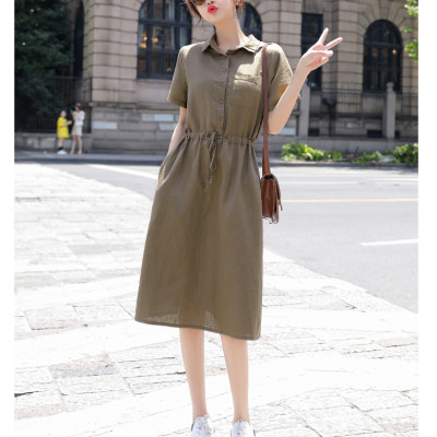 Đầm linen nữ dáng suông dài, cổ sơ mi tay ngắn, chất đũi mát phong cách ulzzang Hàn Quốc Da75