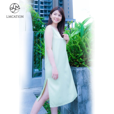 Đầm mặc nhà xẻ tà LMcation Tencel Alice - Xanh lá cây