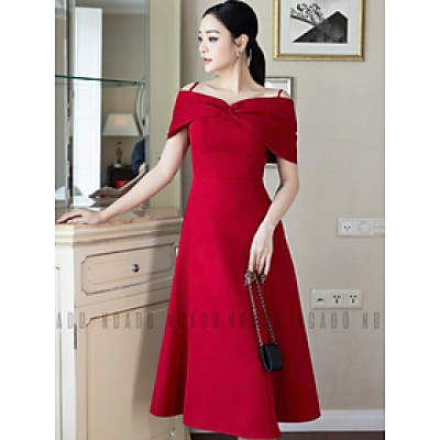 Đầm đỏ bẹt vai NGADO , đầm xòe dáng dài , đầm dự tiệc