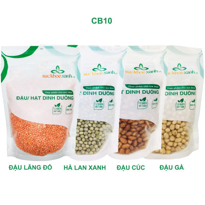 COMBO10- 1 Túi Đậu Gà trắng, 1 Túi Đậu Lăng đỏ, 1 Túi Đậu Hà lan xanh nguyên hạt và 1 Túi Đậu Cúc, mỗi túi 500g
