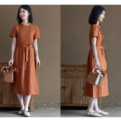 Đầm linen suông thiết kế , Đầm váy nữ dáng dài cổ tròn, ngắn tay eo có dây thắt Haint Boutique Da191