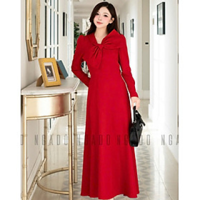 Đầm đỏ cổ phối nơ NGADO , đầm dự tiệc dáng dài