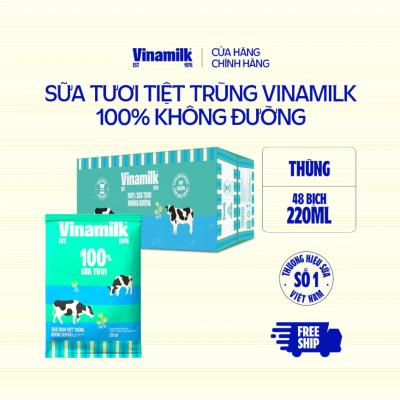 Thùng 48 Bịch Sữa Tươi Tiệt Trùng Vinamilk 100% Không Đường (220ml)