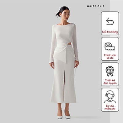 Áo kiểu nữ, cổ ngang, dài tay  TAYLOR  thiết kế cao cấp WHITE CHIC