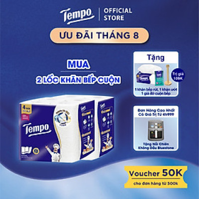 [MUA 2 LỐC BẾP CUỘN TẶNG 1 GÓI BẾP RÚT + 1 GÓI KHĂN ƯỚT + 1 GIÁ ĐỠ] Khăn Giấy Bếp Cuộn Đa Năng Siêu Thấm Tempo ( Lốc 4 Cuộn)