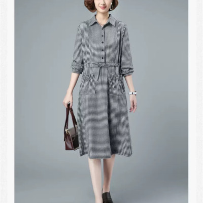  Váy sơ mi kẻ sọc caro dài tay có túi, dây eo tự chỉnh thời trang nữ phong cách công sở Haint Boutique Da186