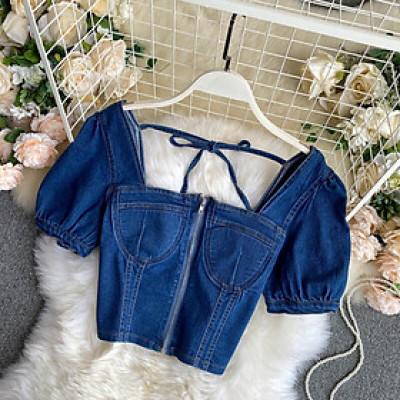 Áo denim dáng ngắn cổ vuông tay bồng - Hàng cao cấp