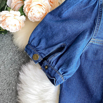 Áo denim dáng ngắn cổ vuông tay bồng - Hàng cao cấp