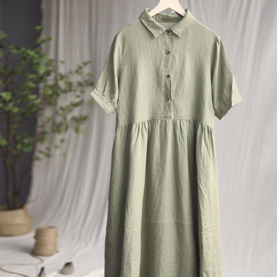 Đầm đũi sơ mi nữ form rộng suông, ngắn tay chất liệu đũi mềm mát thời trang hè nữ Haint Boutique