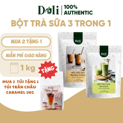Combo 2 Túi Bột trà sữa vị matcha + truyền thống 3in1 Déli - 1kg pha chế trà sữa tiện lợi, nhanh chóng