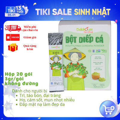Bột Diếp Cá hữu cơ nguyên chất sấy lạnh Dalahouse - Hộp 20 gói nhỏ 3gr định lượng sẵn cho 1 lần sử dụng - Mát Gan, ngừa mụn, ngừa trĩ và táo bón. Hỗ trợ bảo vệ Phổi