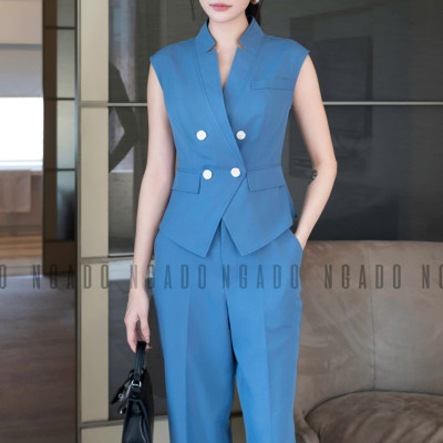 Set vest xanh cổ V NGADO , set áo quần Nữ , set công sở