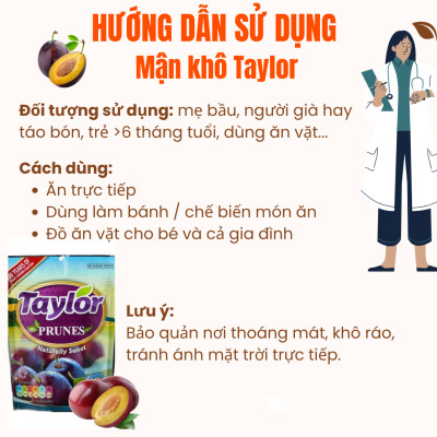 Mận khô Taylor Prunes Naturally Tự Nhiên Giảm Táo Bón Cho Bé Mẹ Bầu Không Hạt Không Thêm Đường 250g