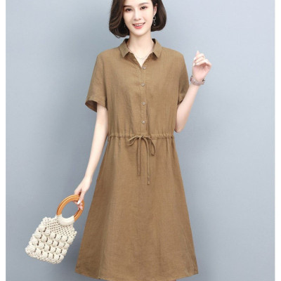 Đầm linen nữ cổ sơ mi ngắn tay kèm dây thát eo, thời trang công sở cho nữ đi làm Haint Boutique