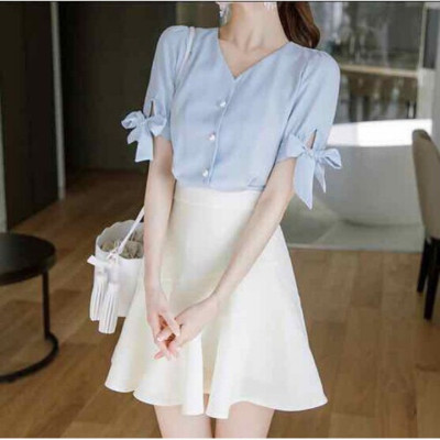 Áo kiểu nữ tay buộc nơ cổ V xinh xắn - mặc đi làm, đi tiệc (2 màu) form dáng chuẩn