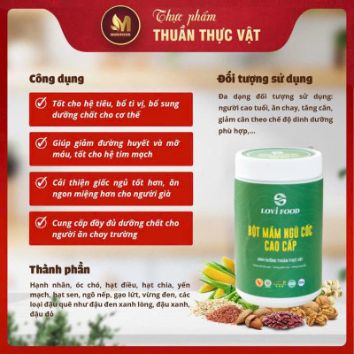 Bột Mầm Ngũ Cốc Cao Cấp Grainlife Lovifood 500g - Chống Táo Bón, Giảm Đường Huyết và Mỡ Máu, Tốt Cho Tim Mạch, Chống Lão Hóa, Đẹp Da, Cải Thiện Giấc Ngủ, Lợi Sữa Cho Mẹ Bầu và Sau Sinh - Người Tiểu Đường, Tim Mạch, Ăn Kiêng, Ăn Chay, Giảm Cân, Mẹ Bầu