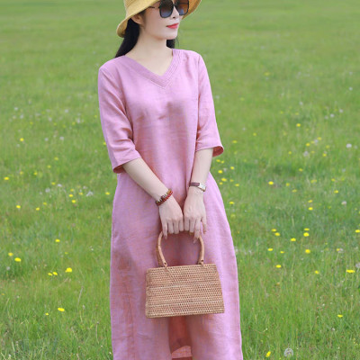 Đầm linen nữ dáng suông thắt eo cổ tim, tay lỡ, chất linen mềm màu hồng nữ tính mẫu hè mới Haint Boutique