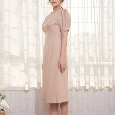 Đầm Midi Công Sở Tay Phồng Xếp Ly Hai Bên Ngực Maxivic, La Mộc LM012239