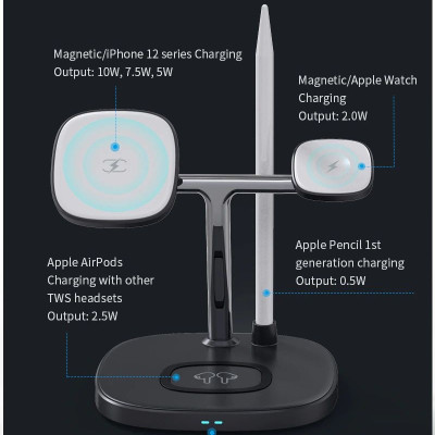 Đế sạc không dây sạc nhanh 15W 4 in 1 hỗ trợ sạc dành cho tai nghe / iWatch / Pencil /  iPhone hiệu WIWU Power Air Wireless Charger M8 (liên kết từ tính mạnh mẽ, Chuẩn Qi, Smartchip) - hàng nhập khẩu