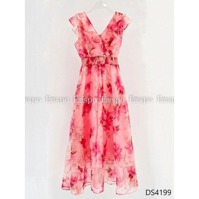 Đầm hoa xòe, cổ tim, bèo thân trên Emspo DS4199