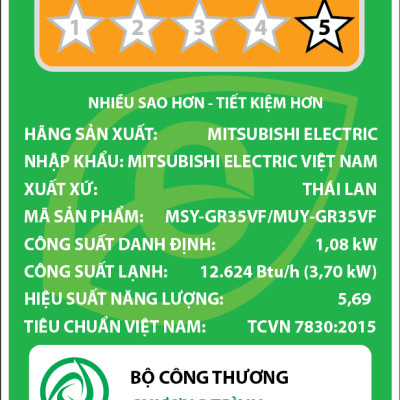 ĐIỀU HÒA KHÔNG KHÍ (MÁY LẠNH) MITSUBISHI ELECTRIC MSY-GR35VF - 1.5 HP(NGỰA) (12,624 BTU/H) - INVERTER - HÀNG CHÍNH HÃNG 