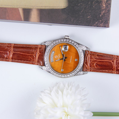 【START】Đồng hồ nam đá mắt hổ tự nhiên（Tiger Eye Stone）đồng hồ kim cương chức năng hiển thị thứ ngày  đồng hồ cơ tự động dây da cá sấu Khóa bướm