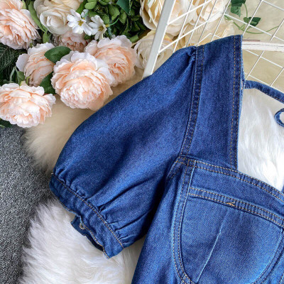 Áo denim dáng ngắn cổ vuông tay bồng - Hàng cao cấp