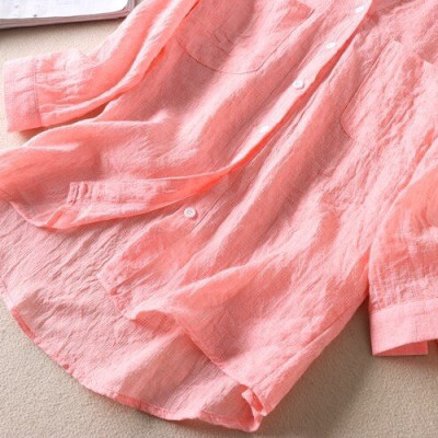 Áo sơ mi nữ chất đũi mát cổ tàu 2 túi S99