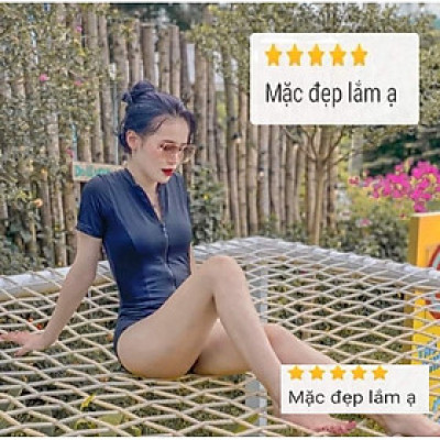 Bikini Đồ bơi nữ có tay khóa kéo màu ĐEN FORM SHORT sành điệu kín đáo co dãn thoải mái