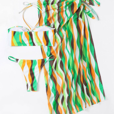 Bộ 3 mảnh áo tắm xẻ tà váy bikini đi biển in hình nữ