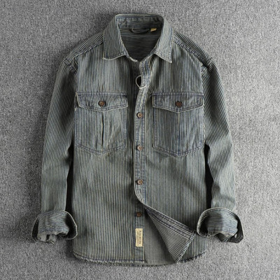 Áo sơ mi denim sọc phong cách Retro_Biker_Army
