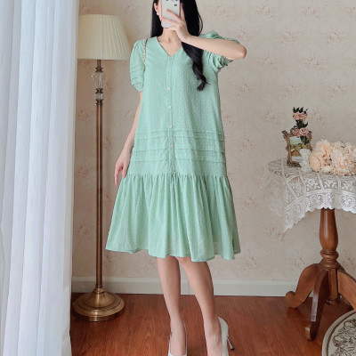 De Leah - Đầm Suông Gấu Xếp Nếp Ngắn Tay - Thời Trang Thiết Kế