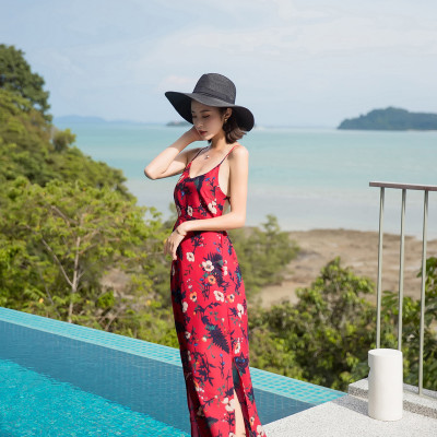 Váy maxi 2 dây lưng trần sexy, họa tiết trang nhã, thích hợp đi biển, dạ hội, sự kiện