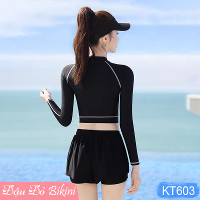 Bộ bơi nữ trẻ trung cá tính, áo crop top dài tay kín đáo có khóa kéo trước, quần bơi 2 lớp thể thao hiện đại, thun bơi lạnh mịn đẹp | KT603