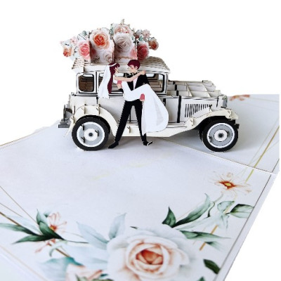 Thiệp 3D Pop Up Xe Cưới Cổ Điển Just Married – Thiệp Chúc Mừng Đám Cưới, Thiệp Wedding Sang Trọng, W11