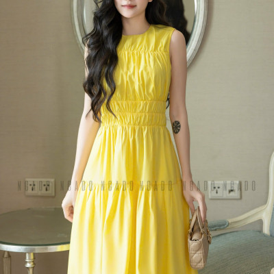 Đầm vàng nhún eo NGADO , đầm dài , đầm sát nách , đầm kiểu Nữ