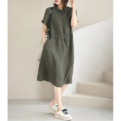 Đầm sơ mi nữ form suông ngắn tay, Đầm đũi nữ cổ sơ mi kèm dây thắt eo màu rêu Da75