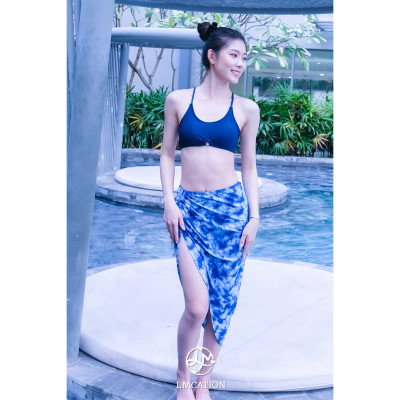 Bộ đồ bơi nữ LMcation - Áo bikini thể thao  Krista (kèm Quần bơi đùi) - Xanh đen & Váy đi biển Mira - Xanh dương