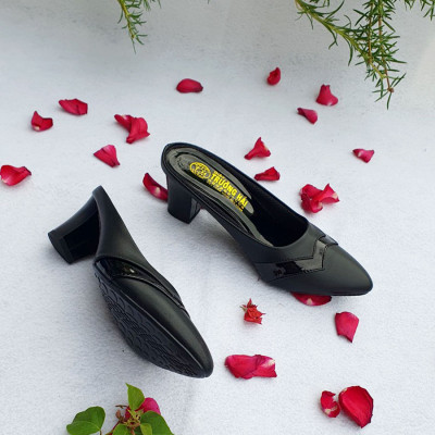 Giày sục nữ cao gót 5cm màu đen Trường Hải gót trụ da mềm mại CÓ SIZE LỚN