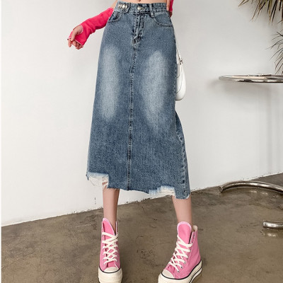 [CAO CẤP] Chân váy jean qua gối rách lai C065 dáng suông wax xanh xám không co dãn C065