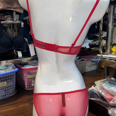 Bộ đồ lót cúp ngang 3/4 ren hoa phối lưới mút vừa nâng ngực quần lót nửa mông