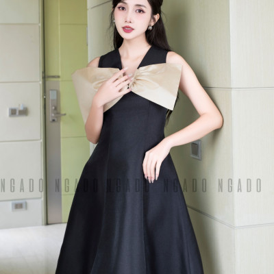 Đầm đen tay nơ NGADO , Đầm xòe , Đầm dự tiệc