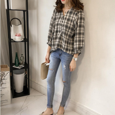 Áo kiểu nữ,áo đũi nữ dài tay thiết kế kẻ caro ALE14